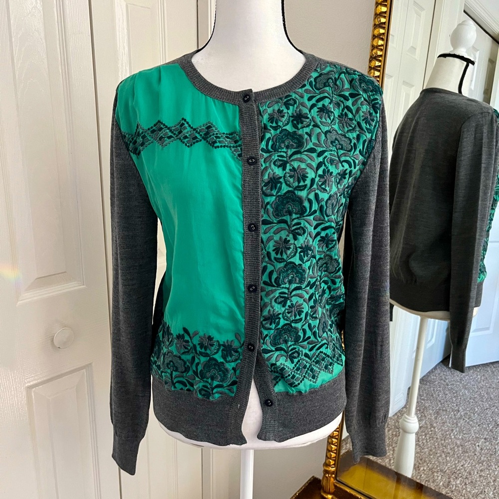 Antipast Made in Japan Embroidered Wool, Silk Gray & Green Cardigan Sweater Sz 2